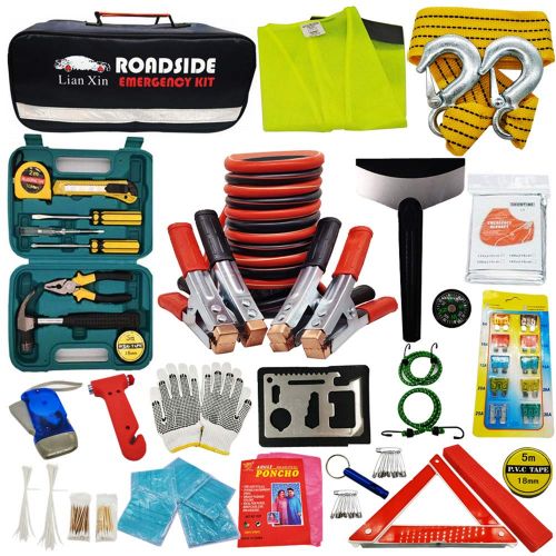  LIANXIN Roadside Assistance Emergency Kit - Multipurpose Emergency Pack Car Premium Road Kit Essentials Jumper Cables Set (8 Foot) Automotive Roadside Assistance 142 Pieces Winter Car Kit