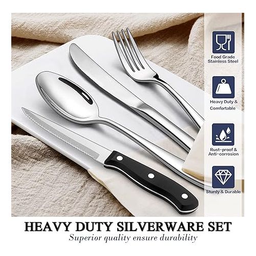  LIANYU Heavy Duty Silverware Flatware Set for 12, 72-Piece Extra Thick Silverware Set with Steak Knives, Fancy Stainless Steel Cutlery Eating Utensils, Mirror Finished, Dishwasher Safe