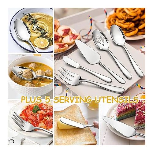  LIANYU 65-Piece Heavy Duty Silverware Set with Serving Utensils, Stainless Steel Flatware Set for 12, Thick Cutlery Eating Utensils Include Fork Knife Spoon, Mirror Finished, Dishwasher Safe