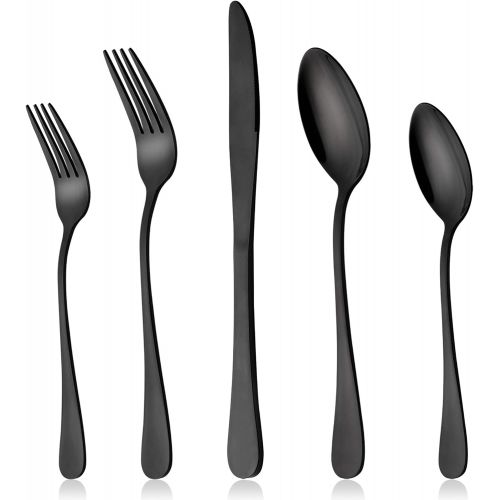  Black Silverware Set, LIANYU 20 Piece Stainless Steel Flatware Cutlery Set for 4, Mirror Finish, Dishwasher Safe