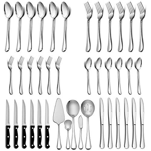  [아마존베스트]LIANYU 41-Piece Silverware Set with Steak Knives and Serving Utensils, Stainless Steel Flatware Cutlery Set Service for 6, Eating Utensil Set for Home Party Wedding, Dishwasher Saf