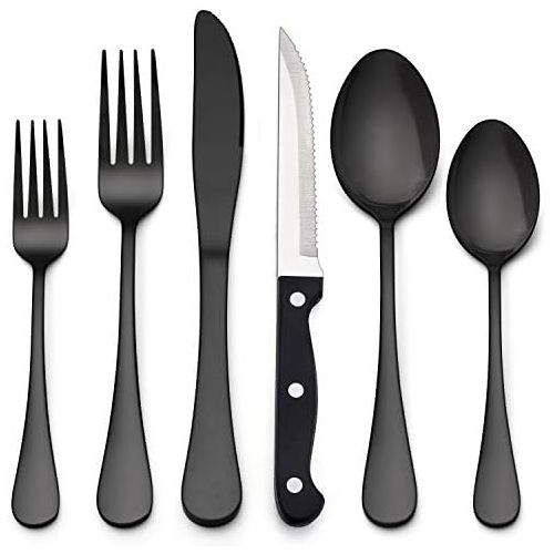  [아마존베스트]LIANYU 24-Piece Black Silverware Set, Stainless Steel Flatware Cutlery Set for 4, Modern Eating Utensils Tableware, Mirror Finish, Dishwasher Safe