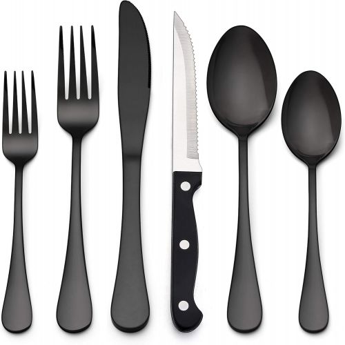  [아마존베스트]LIANYU 24-Piece Black Silverware Set, Stainless Steel Flatware Cutlery Set for 4, Modern Eating Utensils Tableware, Mirror Finish, Dishwasher Safe