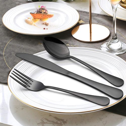  [아마존베스트]LIANYU 24-Piece Black Silverware Set, Stainless Steel Flatware Cutlery Set for 4, Modern Eating Utensils Tableware, Mirror Finish, Dishwasher Safe