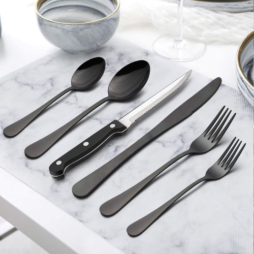  [아마존베스트]LIANYU 24-Piece Black Silverware Set, Stainless Steel Flatware Cutlery Set for 4, Modern Eating Utensils Tableware, Mirror Finish, Dishwasher Safe