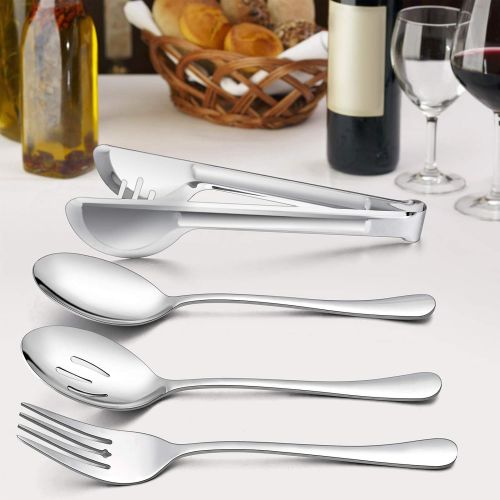  [아마존베스트]LIANYU 3 Large Serving Spoons, 3 Slotted Serving Spoons, 3 Serving Forks, 3 Serving Tongs, Buffet Catering Serving Spoons Fork Tongs, 12-Piece Stainless Steel Serving Utensils, Dis