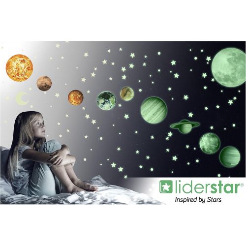  LIDERSTAR Glow in The Dark Stars and Planets, Bright Solar System Wall Stickers -9 Glowing Ceiling Decals for Kids Bedroom Any Room,Shining Space Decoration, Birthday Christmas Gift for Boys