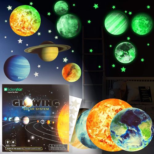  LIDERSTAR Glow in The Dark Stars and Planets, Bright Solar System Wall Stickers -9 Glowing Ceiling Decals for Kids Bedroom Any Room,Shining Space Decoration, Birthday Christmas Gift for Boys