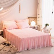 LIFEREVO Lakebay Diamond Shaped Quilted Cotton Bed Skirt with Pompoms Fringe, Bed Sheet with 18inch Drop to Floor, Solid Color (Pink, 59 79 (1 pc Bed Skirt))