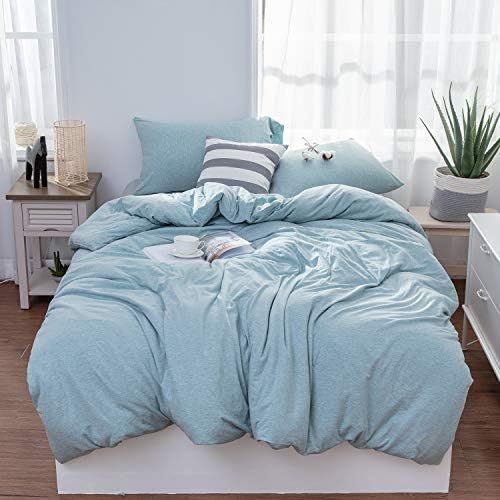  [아마존베스트]LIFETOWN Jersey Knit Cotton Duvet Cover Set 3 Pieces Solid Pattern Bedding Set 1 Duvet Cover and 2 Pillowcases, Super Soft and Easy Care (Twin/Twin XL, Aqua Blue)