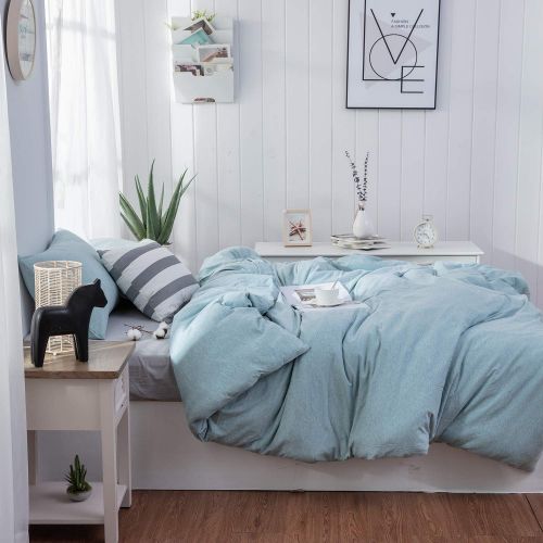  [아마존베스트]LIFETOWN Jersey Knit Cotton Duvet Cover Set 3 Pieces Solid Pattern Bedding Set 1 Duvet Cover and 2 Pillowcases, Super Soft and Easy Care (Twin/Twin XL, Aqua Blue)