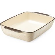 LIFVER 9x13 Baking Dish, Embossed Rectangular Lasagna Pan with Handle, 3.4qt Ceramic Casserole Dish for Oven, Oven Safe and Durable Bakeware, Christmas Decor, Beige