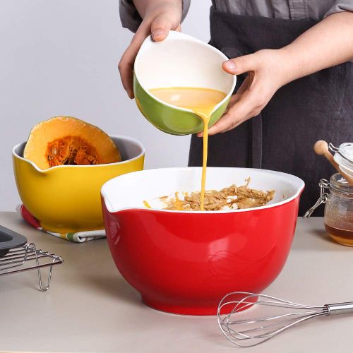  LIFVER Ceramic Mixing Bowl/Serving Bowl Set for Cooking, Baking, Meal Prep, Serving（Size：0.5/1.6/3.5QT）-With Handle and Pouring Spout-Assorted Colors