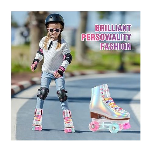  LIKU Quad Roller Skates for Girl and Women with All Wheel Light Up,Indoor/Outdoor Lace-Up Fun Illuminating Roller Skate for Kid