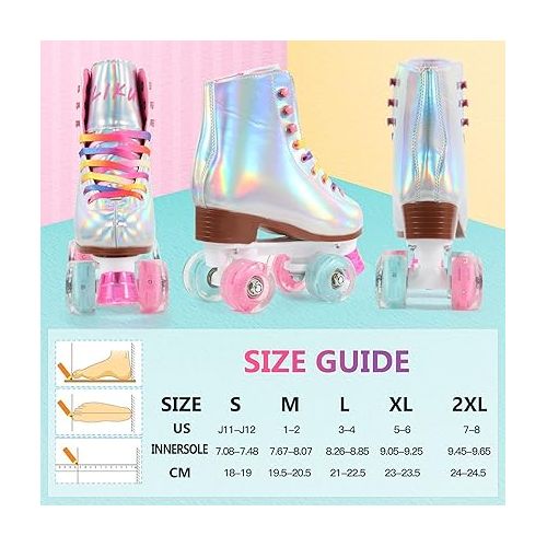  LIKU Quad Roller Skates for Girl and Women with All Wheel Light Up,Indoor/Outdoor Lace-Up Fun Illuminating Roller Skate for Kid