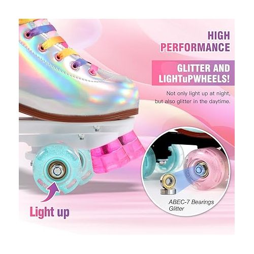  LIKU Quad Roller Skates for Girl and Women with All Wheel Light Up,Indoor/Outdoor Lace-Up Fun Illuminating Roller Skate for Kid