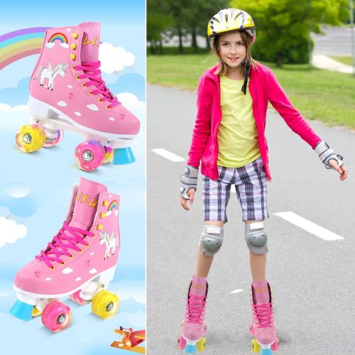  LIKU Quad Roller Skates for Girl and Women with All Wheel Light Up,Indoor/Outdoor Lace-Up Fun Illuminating Roller Skate for Kid