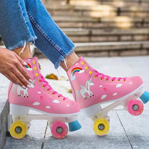  LIKU Quad Roller Skates for Girl and Women with All Wheel Light Up,Indoor/Outdoor Lace-Up Fun Illuminating Roller Skate for Kid