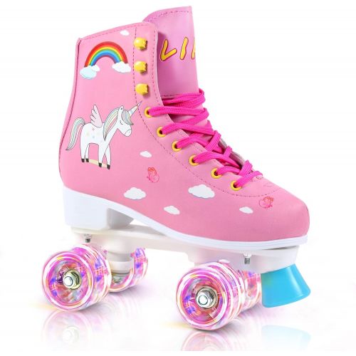  LIKU Quad Roller Skates for Girl and Women with All Wheel Light Up,Indoor/Outdoor Lace-Up Fun Illuminating Roller Skate for Kid