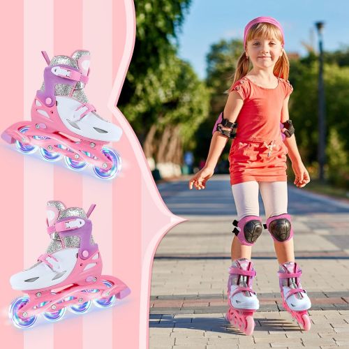  LIKU 4-in-1 Adjustable Inline Skates for Kids with All Light up Wheels, Quad Roller Skates, Outdoor Blades Roller Skates for Girls and Boys