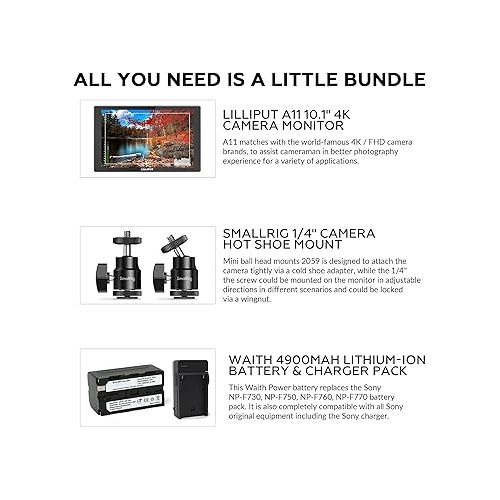  Lilliput A11 10.1-Inch 4K Photo and Video Portable Monitor | 1920x1200 Full HD Display Monitors with HDMI 1.4b in/Out, SmallRig Camera Hot Shoe Mount, Battery & Charger Bundle Set