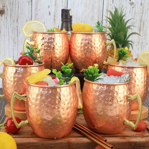  [아마존베스트]LINALL Moscow Mule Copper Mugs- Set of 6 Copper Plated Stainless Steel Mug 18oz, for Chilled Drinks (6 Pack)