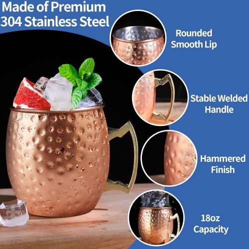  [아마존베스트]LINALL Moscow Mule Copper Mugs- Set of 6 Copper Plated Stainless Steel Mug 18oz, for Chilled Drinks (6 Pack)