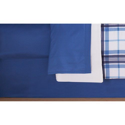  LINENSPA Bedding Set Complete 6pc Boy Blue Plaid College Dorm Reversible Twin/Twin Comforter and Bedding Set