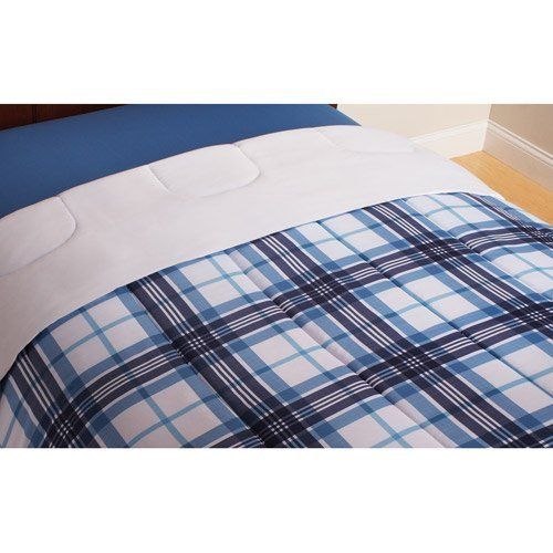  LINENSPA Bedding Set Complete 6pc Boy Blue Plaid College Dorm Reversible Twin/Twin Comforter and Bedding Set