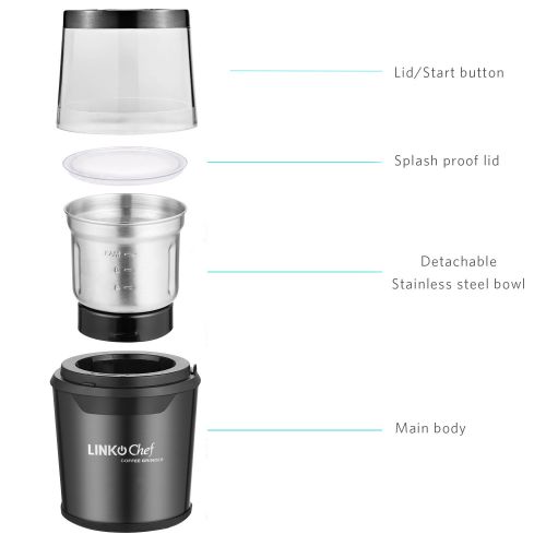  Coffee Grinder Electric LINKChef Nut & Spice Grinder 250W with Large Capacity Detachable Stainless Steel Bowl and Electric Wire Storage Function - Black(CG-9230) 3 years warranty (