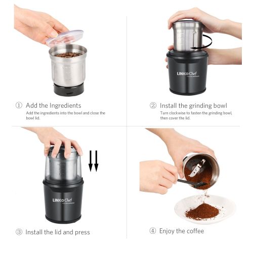  Coffee Grinder Electric LINKChef Nut & Spice Grinder 250W with Large Capacity Detachable Stainless Steel Bowl and Electric Wire Storage Function - Black(CG-9230) 3 years warranty (