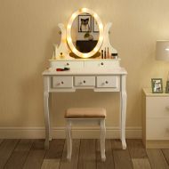 LINLUX Vanity Dressing Table Set With Lighted Mirror, 360° Rotating Oval Makeup Mirror, Removable Top Organizer Multi-Functional Writing Desk Padded Stool, Bedroom Vanities Tables with Be