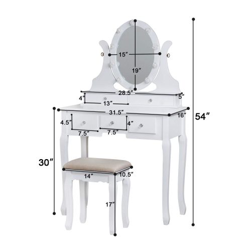  LINLUX LED Vanity Table with 360° Rotating Oval Makeup Mirror,5 Drawers,Removable Top Organizer Multi-Functional Writing Desk Padded Stool with Cushioned Stool (White)