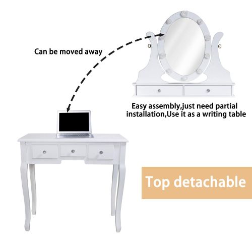  LINLUX LED Vanity Table with 360° Rotating Oval Makeup Mirror,5 Drawers,Removable Top Organizer Multi-Functional Writing Desk Padded Stool with Cushioned Stool (White)