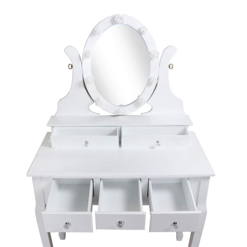  LINLUX LED Vanity Table with 360° Rotating Oval Makeup Mirror,5 Drawers,Removable Top Organizer Multi-Functional Writing Desk Padded Stool with Cushioned Stool (White)