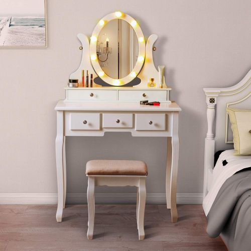  LINLUX LED Vanity Table with 360° Rotating Oval Makeup Mirror,5 Drawers,Removable Top Organizer Multi-Functional Writing Desk Padded Stool with Cushioned Stool (White)