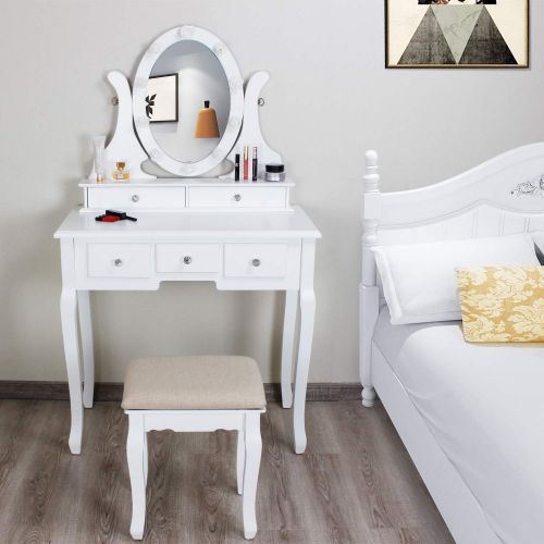  LINLUX LED Vanity Table with 360° Rotating Oval Makeup Mirror,5 Drawers,Removable Top Organizer Multi-Functional Writing Desk Padded Stool with Cushioned Stool (White)
