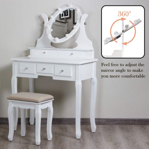  LINLUX LED Vanity Table with 360° Rotating Oval Makeup Mirror,5 Drawers,Removable Top Organizer Multi-Functional Writing Desk Padded Stool with Cushioned Stool (White)