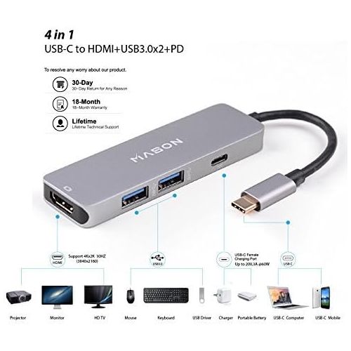  MASON USB C Hub 4 in 1, Type C Adaptor (Thunderbolt 3 Compatible) with HDMI, USB C Female Charging Port, 2 USB 3.0 Ports, for Galaxy Note 8S8S8 Plus, MacBook, iMac, and More USB C Devi