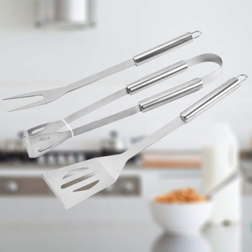  LIOOBO Set of 3pcs Stainless Steel BBQ Tools Grill Utensils Barbecue Spatula Tong Fork Roast Meat Set Party Kitchen Tools Perfect for Outdoor Picnic Barbecue