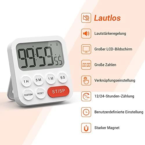  [아마존베스트]LIORQUE Digital Kitchen Timer Magnetic Stopwatch Timer with Clock, Magnet, 3-Level Volume, LCD Display for Cooking, Sports, Studying, 2 AAA Batteries Included