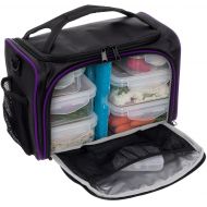 Meal Prep Bag by LISH - Insulated Lunch Box w/ 6 BPA Free Snap-Lock Portion Control Containers, Reusable Ice Pack, Daily Vitamin Organizer & 26 Soft Shoulder Strap (Black & Purple)