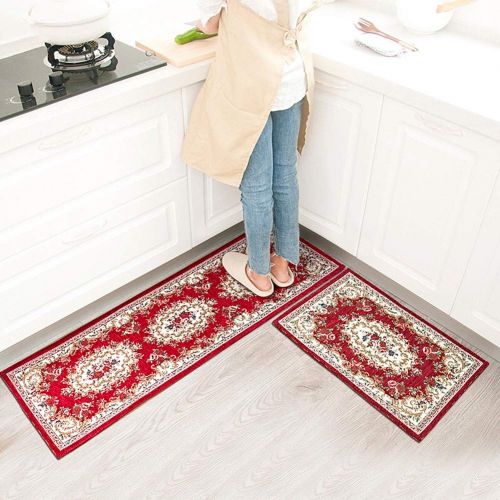  LISIBOOO Kitchen Soft Area Rugs Non-Slip Rubber Backing Carpet Floral Vintage Floor Doormat Bath Rug Runner Area Mat Sets (15x25, Red)