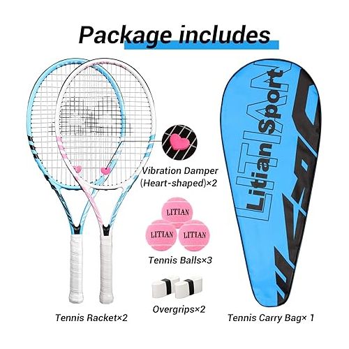  LiTian Tennis Racket，27 Inch Tennis Rackets for Adults 2 Pack, for Adults Students Women Men and Beginners(Blue and Pink)