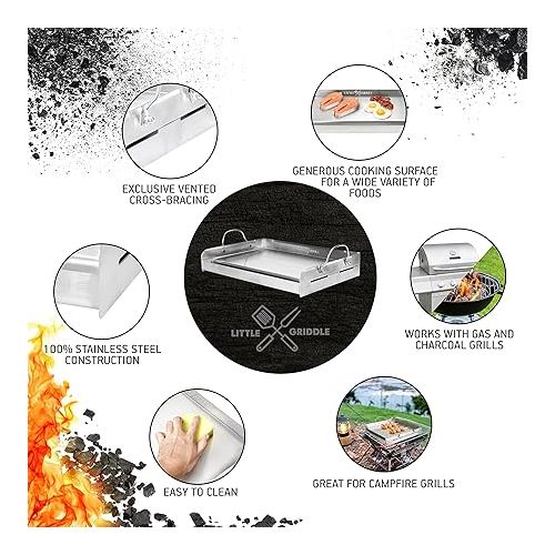  LITTLE GRIDDLE 100% Stainless Steel Griddle with Even Heat Cross Bracing and Removable Handles - For Grills, Camping, Tailgating