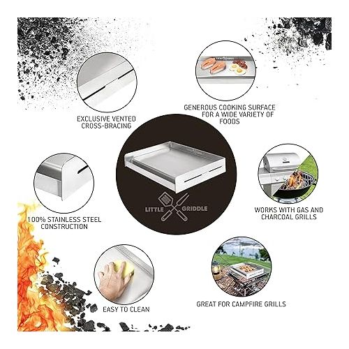  LITTLE GRIDDLE Sizzle-Q SQ180 100% Stainless Steel Universal Griddle with Even Heating Cross Bracing for Charcoal/Gas Grills, Camping, Tailgating, and Parties (18