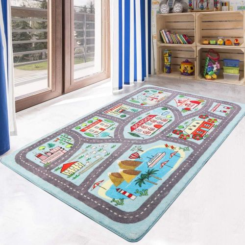  [아마존베스트]LIVEBOX Play Mat, Faux Wool Kids Road Traffic Area Rugs 3 x 5 Non-Slip Childrens Crawling Carpet Colorful Educational & Fun Throw Rug for Living Room Bedroom Playroom Nursery Decor