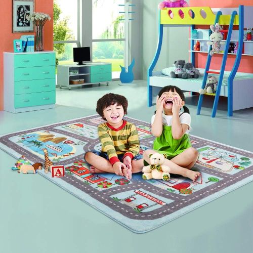  [아마존베스트]LIVEBOX Play Mat, Faux Wool Kids Road Traffic Area Rugs 3 x 5 Non-Slip Childrens Crawling Carpet Colorful Educational & Fun Throw Rug for Living Room Bedroom Playroom Nursery Decor