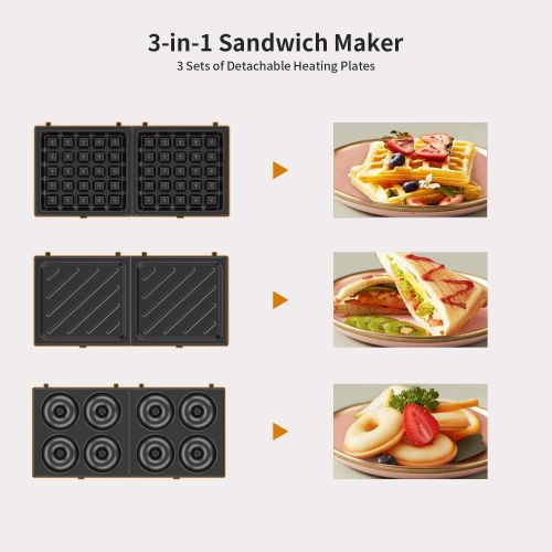  [아마존베스트]Liven C-2 Single Mini Waffle Maker, Sandwich Maker,Donuts Maker 3-in-1 Waffle Iron，Paninis Press Grill Detachable Non-stick Coating，breakfast maker （Pink） …
