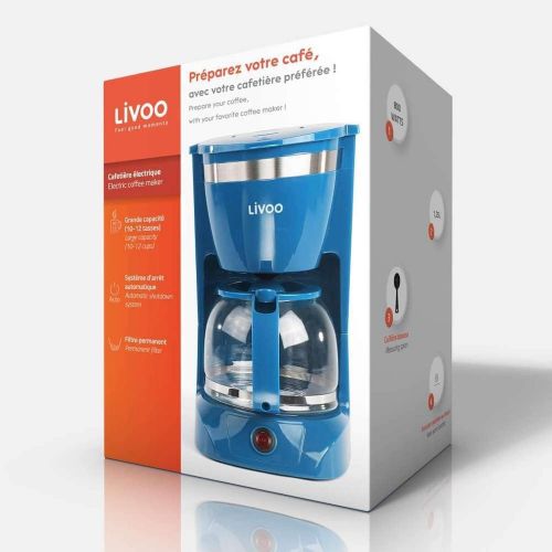  LIVOO Kaffeemaschine Blau mit Glaskanne fuer 12 Tassen Warmhaltefunktion (Kaffeeautomat, Kaffeeloeffel, Automatische Abschaltung, Wasserstandsanzeige)